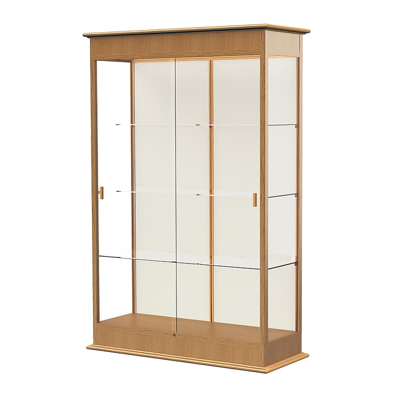 Ghent Varsity 48"W x 77"H x 18"D Lighted Floor Case, Sliding Doors, Plaque Back, Autumn Oak Finish image 1