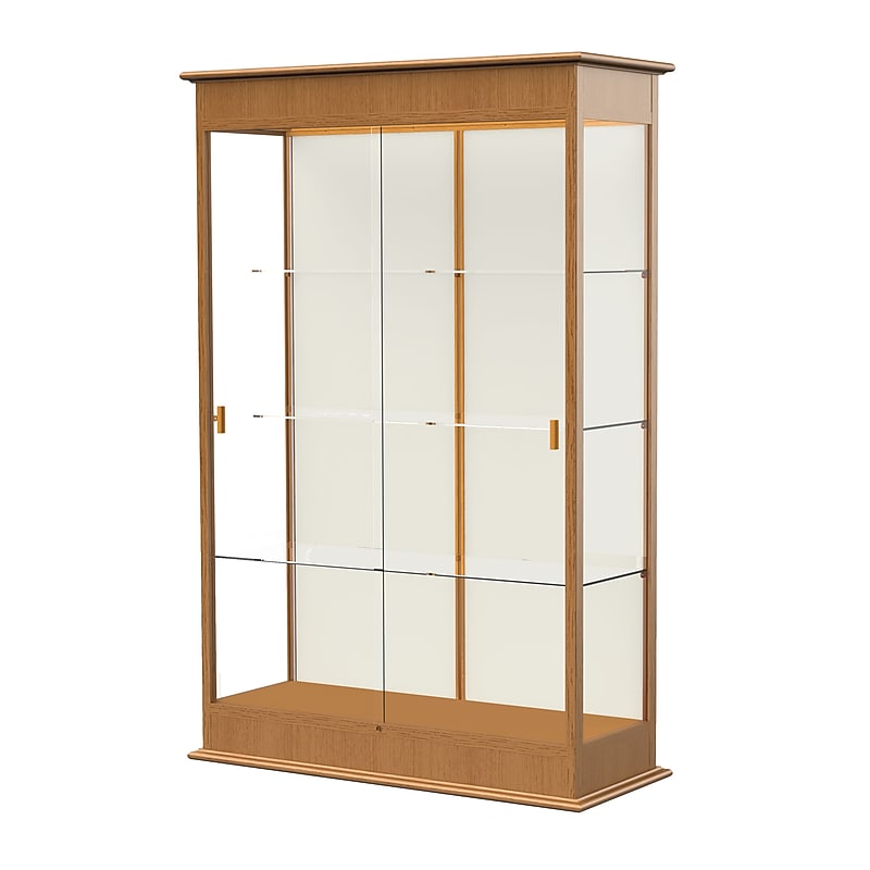 Ghent Varsity 48"W x 77"H x 18"D Lighted Floor Case, Sliding Doors, Plaque Back, Carmel Oak Finish image 1