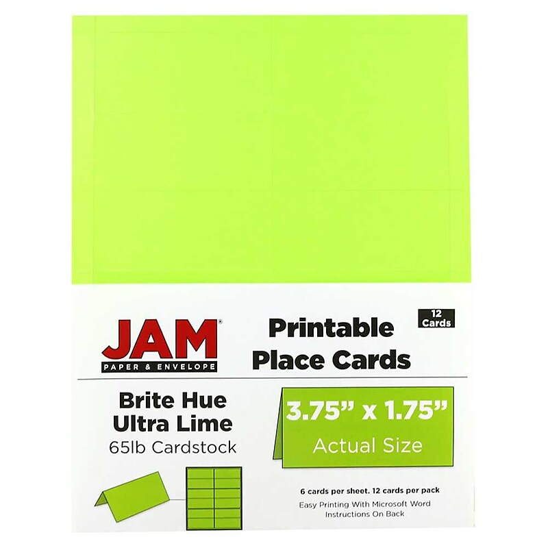 JAM Paper® Printable Place Cards, 3 3/4 x 1 3/4, Ultra Lime Green Placecards, 12/Pack (225928556) image 1