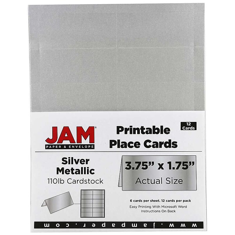 JAM Paper® Printable Place Cards, 3 3/4 x 1 3/4, Stardream Metallic Silver Placecards, 12/Pack (225928570) image 1