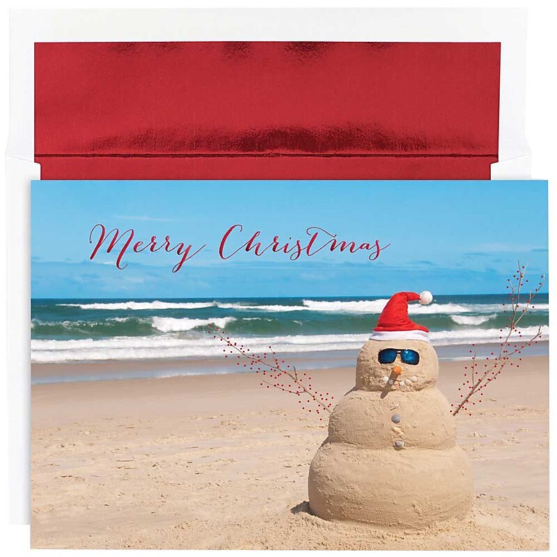 JAM Paper® Christmas Cards Set, Beach Snowman, 18/Pack (526872400) image 1