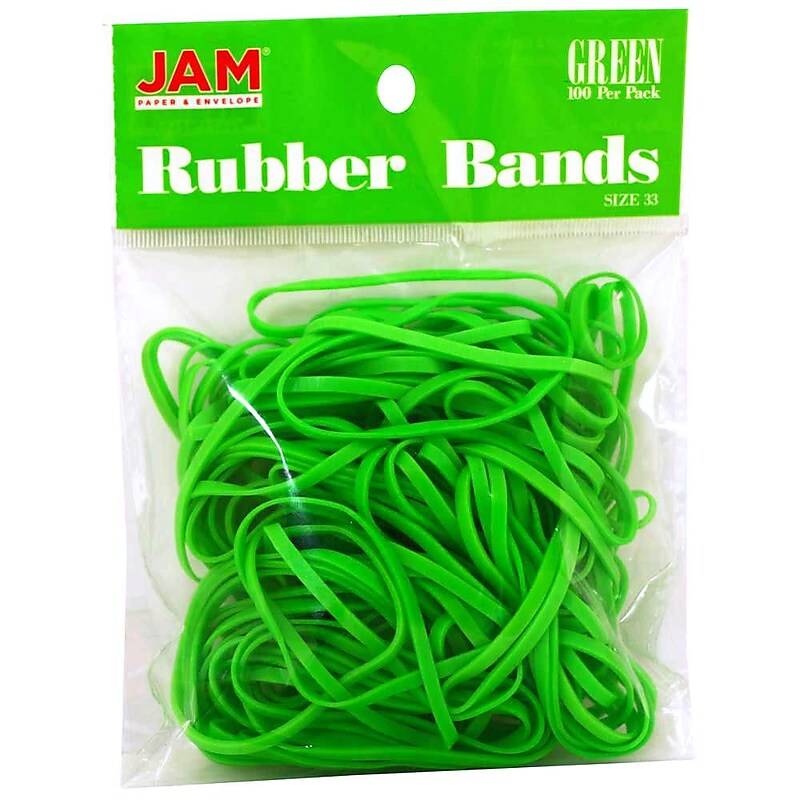 JAM Paper Multi-Purpose #33 Rubber Bands, 3.5" x 0.125", Non-Latex, Green, 100/Pack (333RBGR) image 1