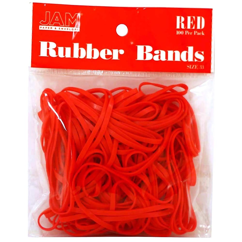 JAM Paper Colored Multi-Purpose #33 Rubber Bands, 3.5" x 0.125", Non-Latex, Red, 100/Pack (333RBRE) image 1
