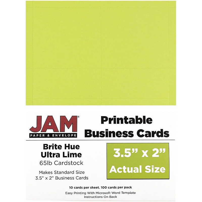 JAM Paper® Printable Business Cards, 3 1/2 x 2, Ultra Lime Green, 100/Pack (22128340) image 1