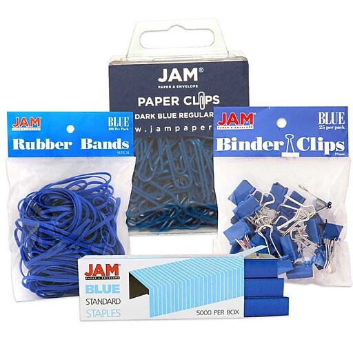 JAM Paper® Desk Supply Assortment, Blue, 1 Rubber Bands, 1 Small Binder