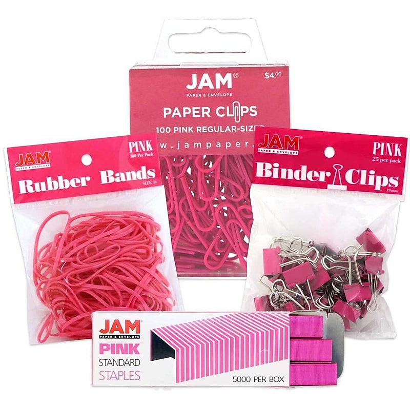 JAM Paper® Desk Supply Assortment, Pink, 1 Rubber Bands, 1 Small Binder Clips, 1 Staples & 1 Small Paper Clips (3345PIASRTD) image 1