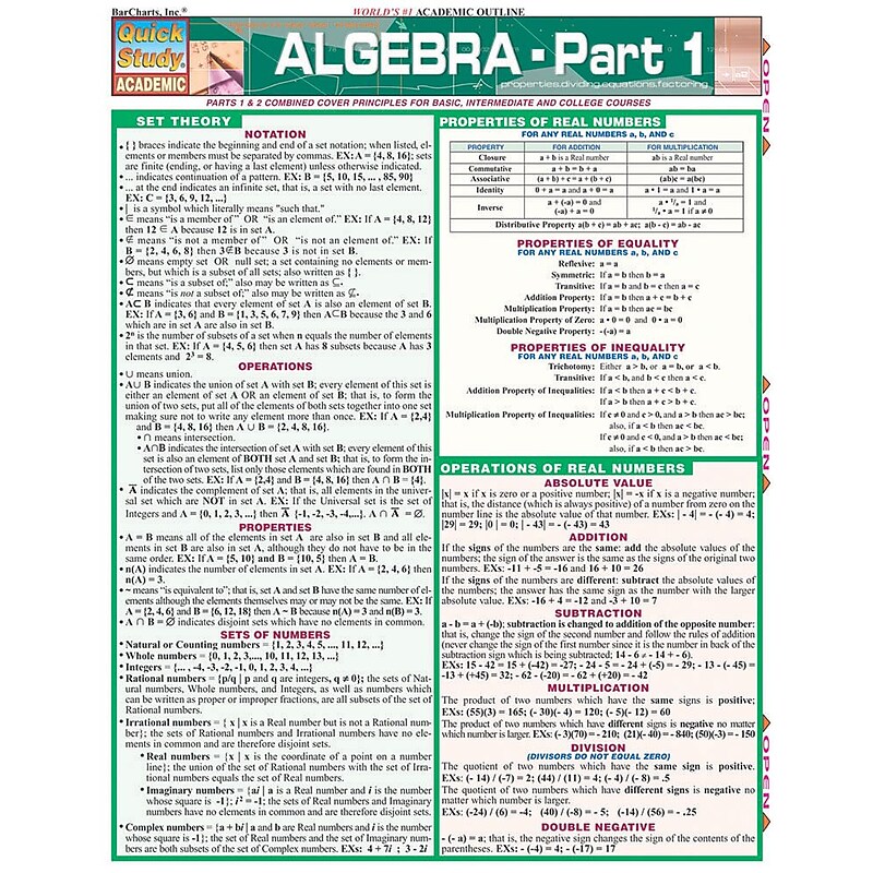 QuickStudy Laminated Algebra Reference Set, 8.5" x 11" (9781423215882) image 1