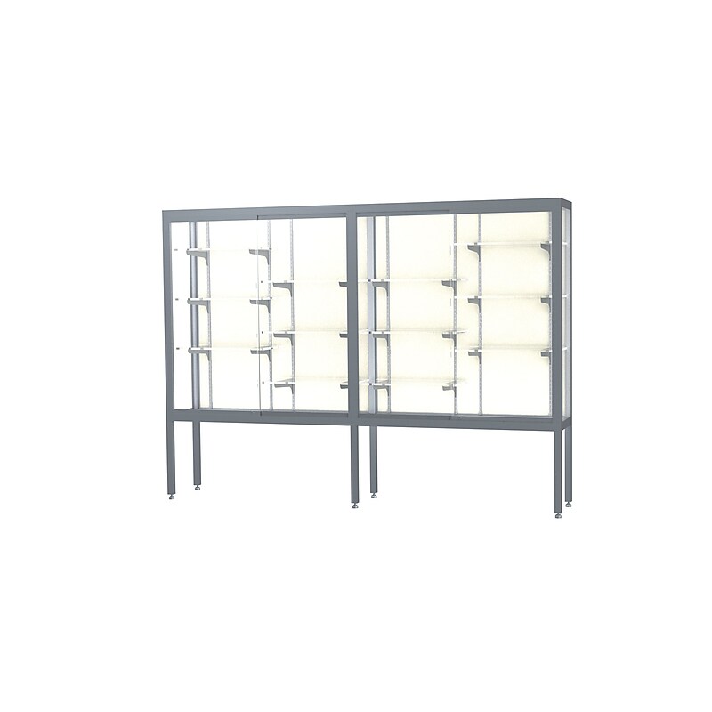 Ghent Challenger 96"W x 66"H x 16"D Floor Case, Plaque Back, Satin Natural Finish, Aluminum Legs image 1