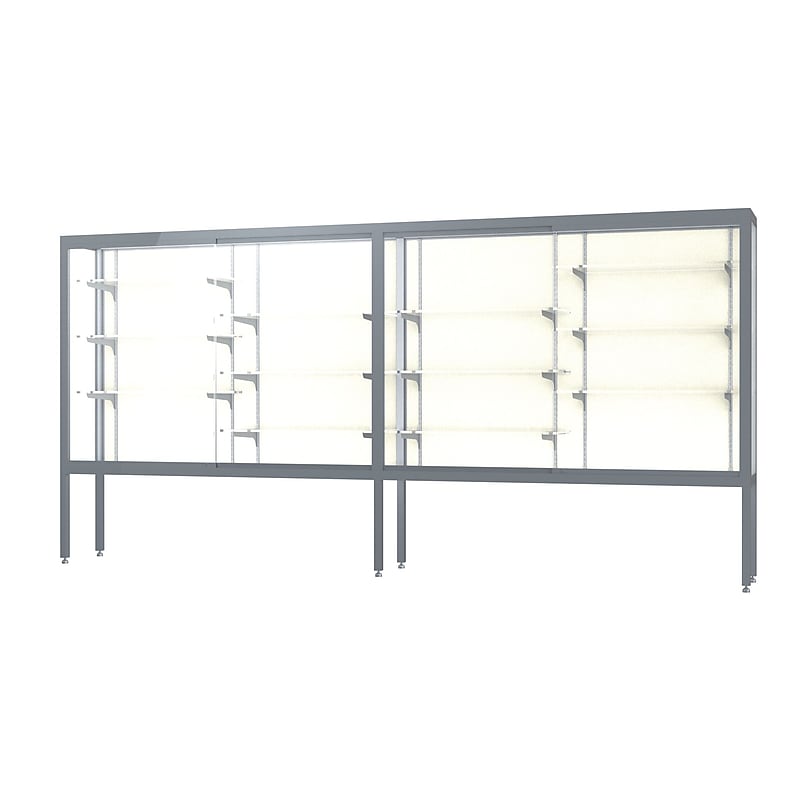 Ghent Challenger 144"W x 66"H x 16"D Floor Case, Plaque Back, Satin Natural Finish, Aluminum Legs image 1