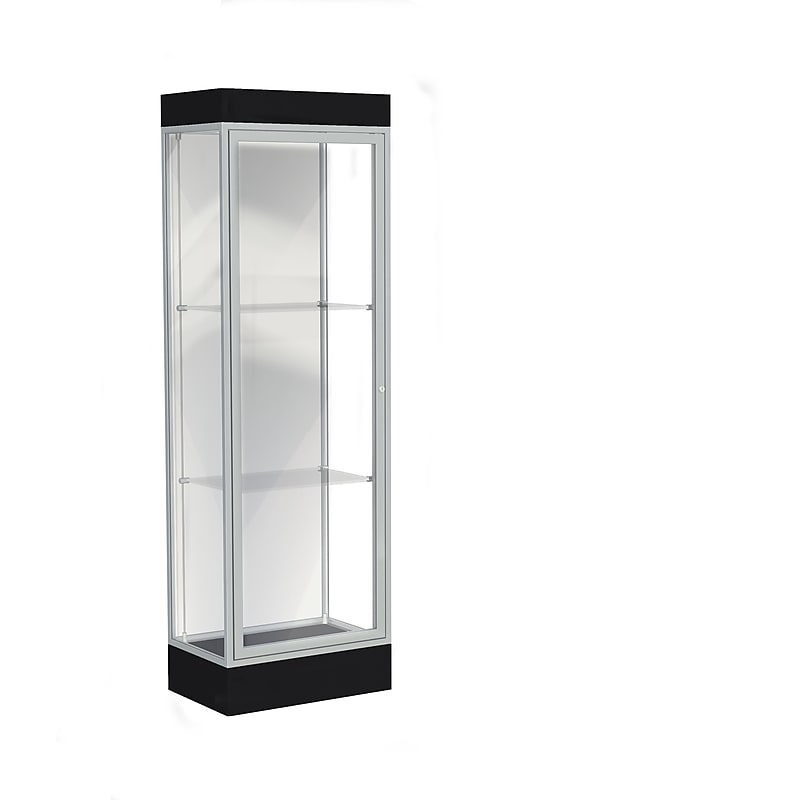 Ghent Edge 24"W x 76"H x 20"D Lighted Floor Case, 6" base, White Back, Satin Finish, Black Base image 1