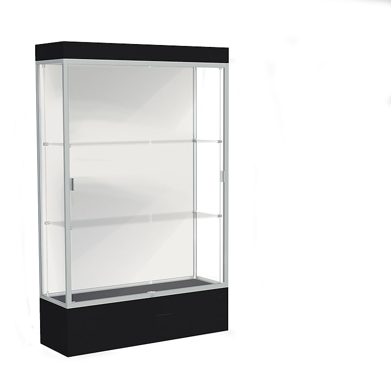 Ghent Edge 48"W x 76"H x 20"D Lighted Floor Case, 12" base, White Back, Satin Finish, Black Base image 1