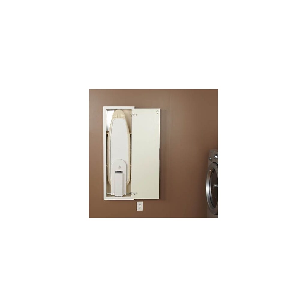 In-wall ironing board mounted on wall with door open, ironing board extended and laundry room in background