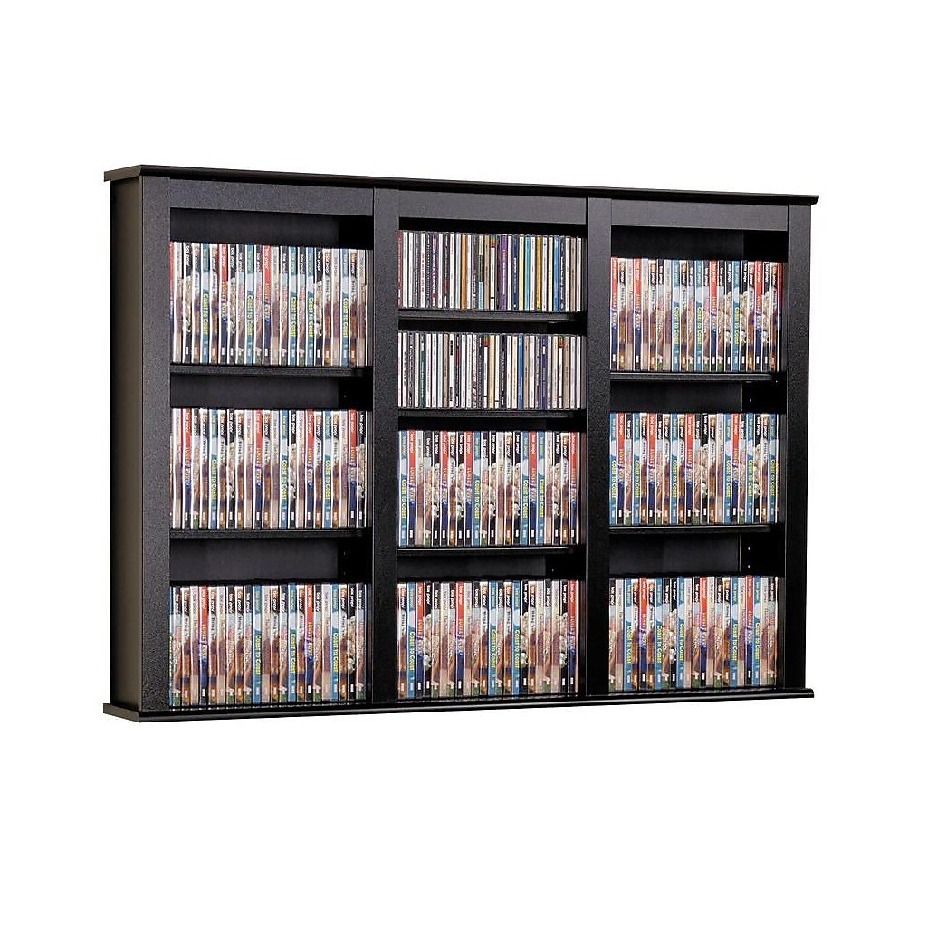 Three-section black wall-mounted storage cabinet filled with media on white background