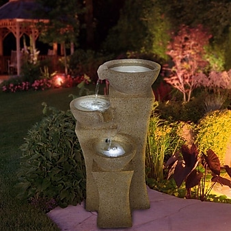 Pure Garden 25" Cascade Bowls Outdoor Fountain With LED Lights, Brown/Tan