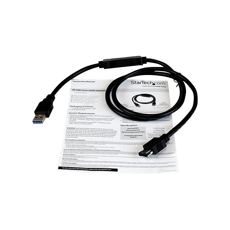 StarTech 3' eSATA/Type-A USB Female/Male Adapter Cable, Black (USB3S2ESATA3) image 1
