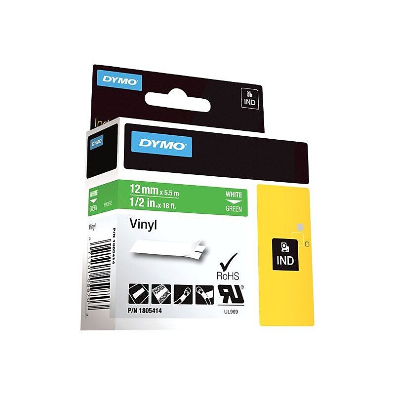 DYMO Rhino Industrial 1805414 Vinyl Label Maker Tape, 1/2" x 18', White on Green (1805414) image 1