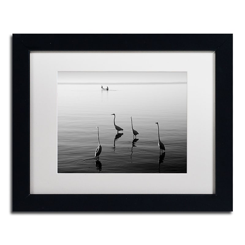 Trademark Fine Art ''4 Herons and Boat'' by Moises Levy 11" x 14" White Matted Black Frame (ALI1088-B1114MF) image 1