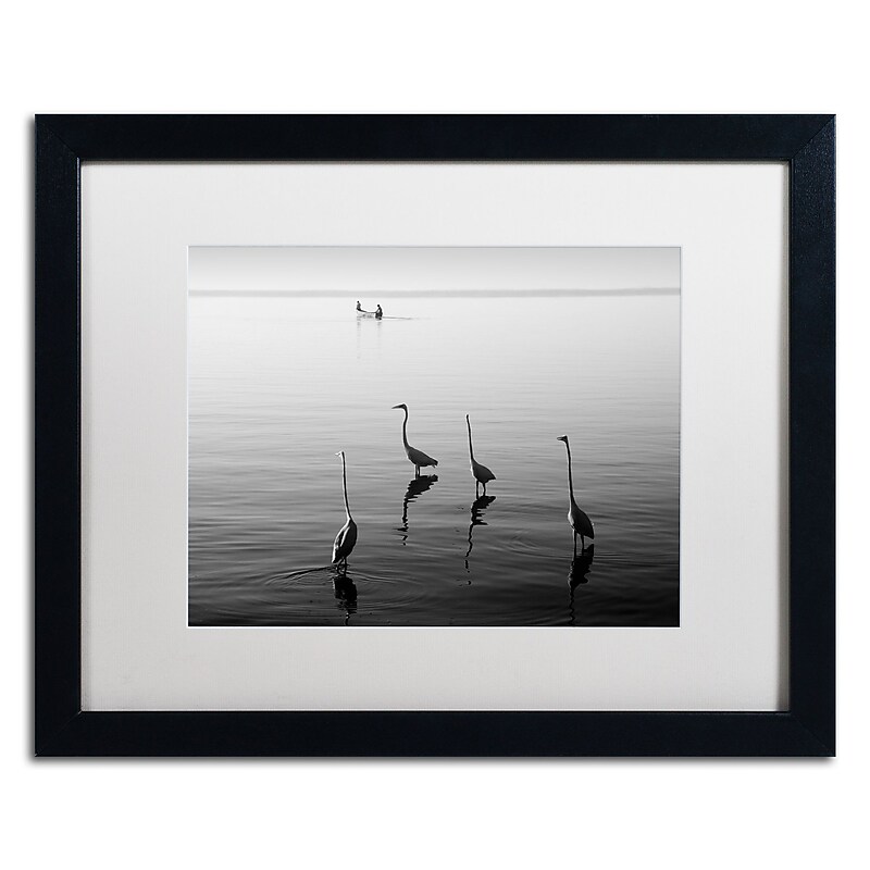 Trademark Fine Art ''4 Herons and Boat'' by Moises Levy 16" x 20" White Matted Black Frame (ALI1088-B1620MF) image 1