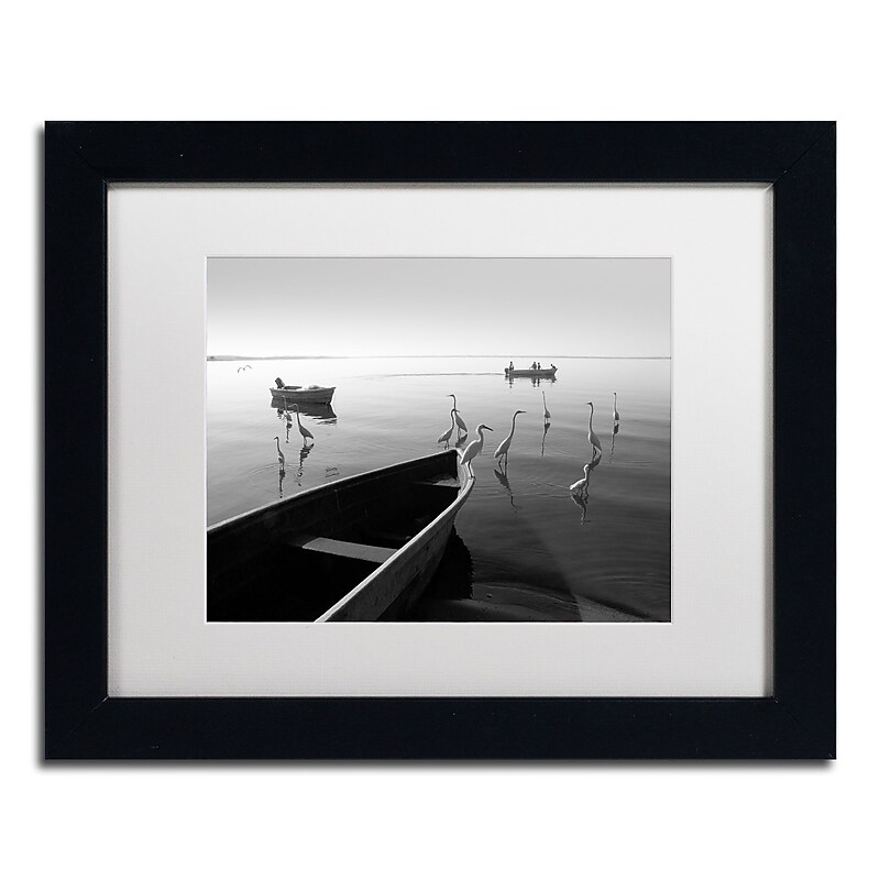 Trademark Fine Art ''Herons and 3 Boats'' by Moises Levy 11" x 14" White Matted Black Frame (ALI1091-B1114MF) image 1