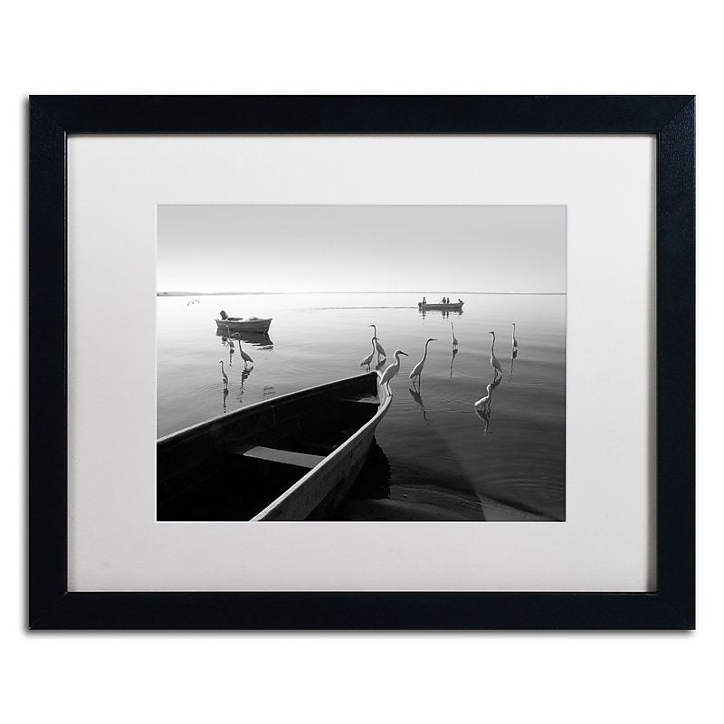 Trademark Fine Art ''Herons and 3 Boats'' by Moises Levy 16" x 20" White Matted Black Frame (ALI1091-B1620MF) image 1
