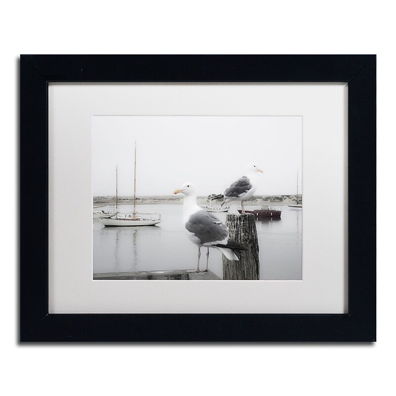 Trademark Fine Art ''Two Seagulls & Boats'' by Moises Levy 11" x 14" White Matted Black Frame (ALI1147-B1114MF) image 1