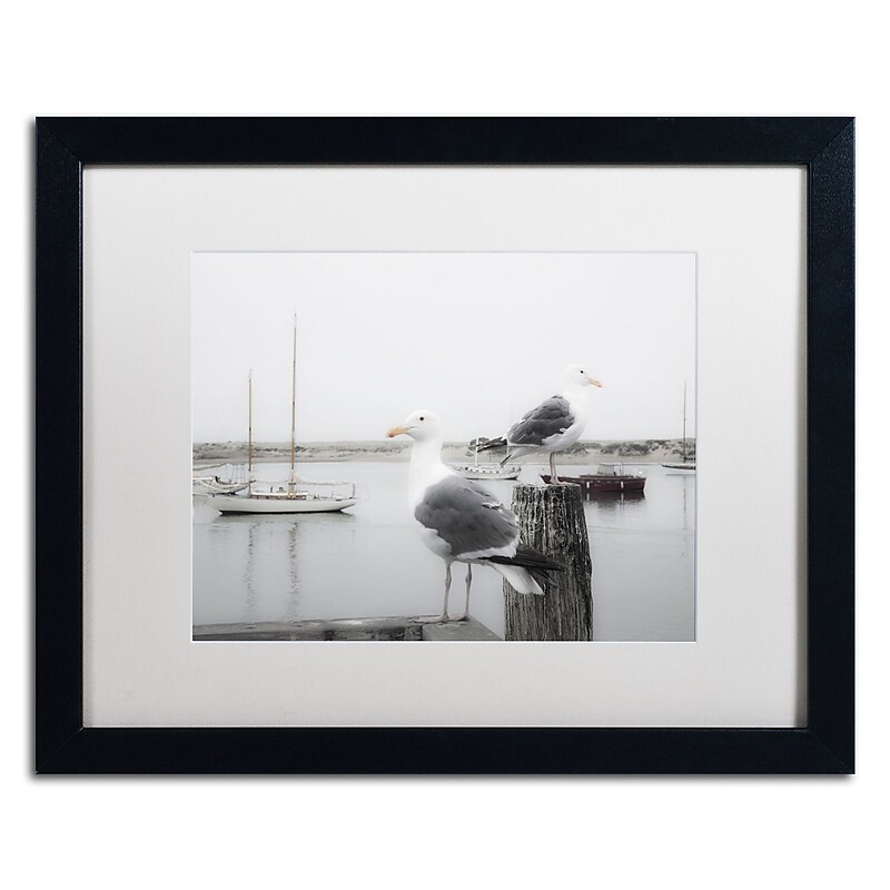 Trademark Fine Art ''Two Seagulls & Boats'' by Moises Levy 16" x 20" White Matted Black Frame (ALI1147-B1620MF) image 1