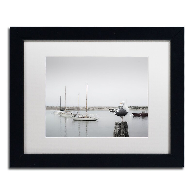 Trademark Fine Art ''Four Boats & Seagull'' by Moises Levy 11" x 14" White Matted Black Frame (ALI1148-B1114MF) image 1