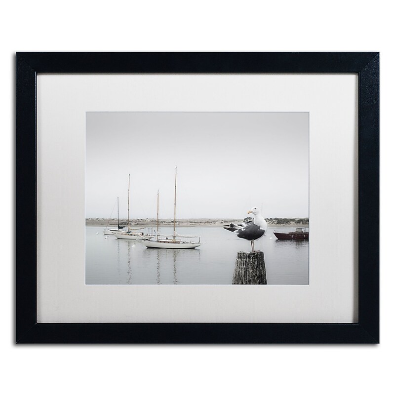 Trademark Fine Art ''Four Boats & Seagull'' by Moises Levy 16" x 20" White Matted Black Frame (ALI1148-B1620MF) image 1