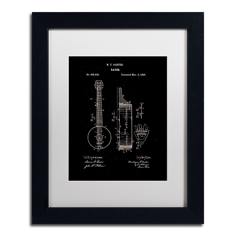 Trademark Fine Art ''Vintage Banjo Patent 1896 Black'' by Claire Doherty 11" x 14" White Matted Black Frame (CDO0004-B1114MF) image 1