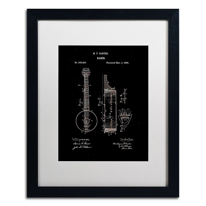 Trademark Fine Art ''Vintage Banjo Patent 1896 Black'' by Claire Doherty 16" x 20" White Matted Black Frame (CDO0004-B1620MF) image 1
