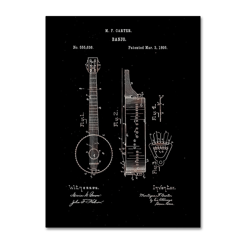 Trademark Fine Art ''Vintage Banjo Patent 1896 Black'' by Claire Doherty 24" x 32" Canvas Art (CDO0004-C2432GG) image 1