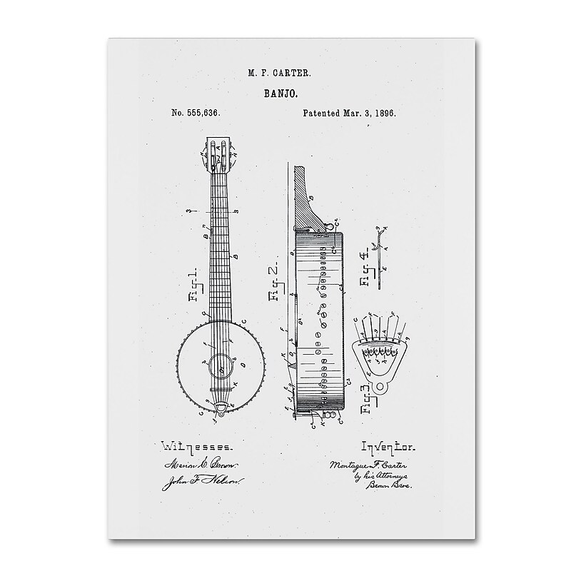 Trademark Fine Art ''Vintage Banjo Patent 1896 White'' by Claire Doherty 18" x 24" Canvas Art (CDO0005-C1824GG) image 1