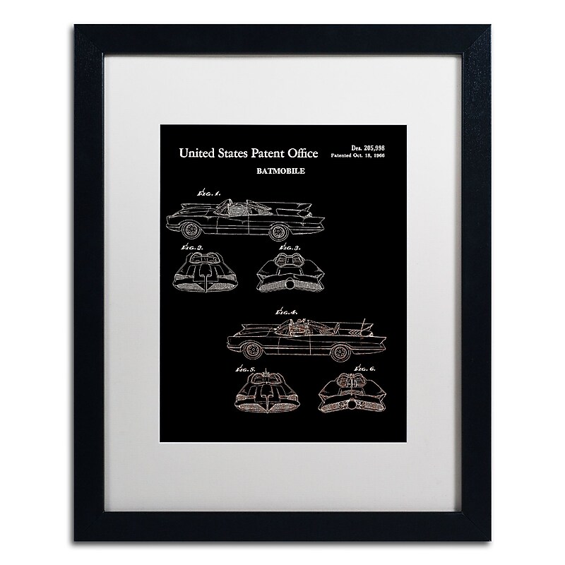 Trademark Fine Art ''Batmobile Car Patent 1966 Black'' by Claire Doherty 16" x 20" White Matted Black Frame (CDO0006-B1620MF) image 1