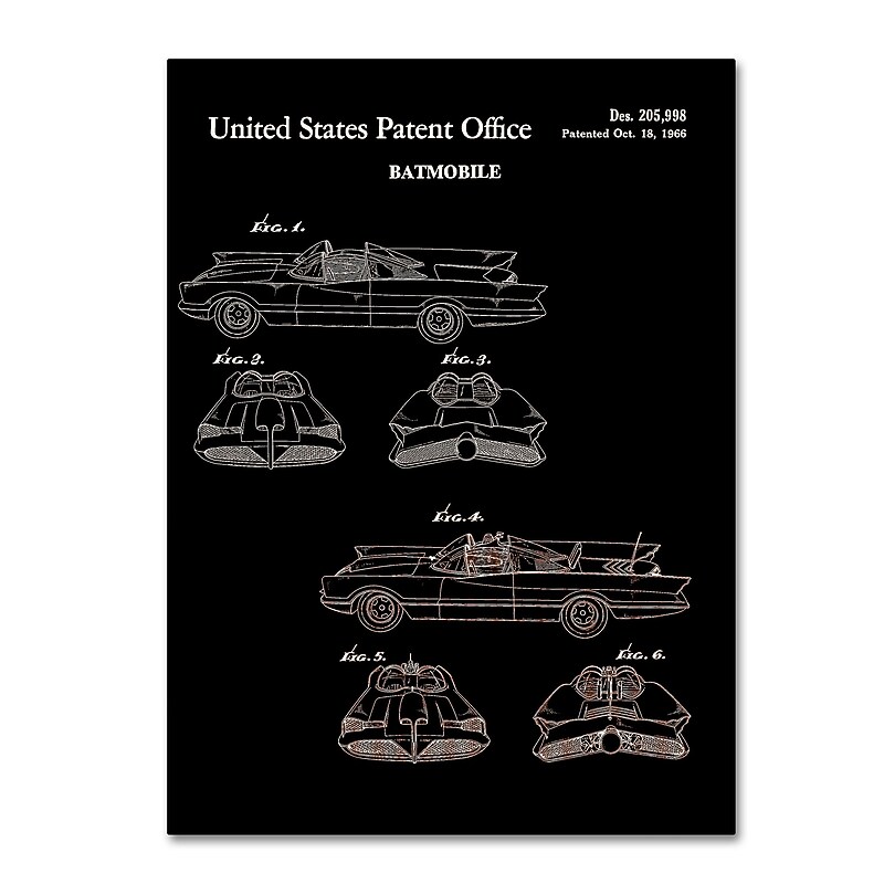 Trademark Fine Art ''Batmobile Car Patent 1966 Black'' by Claire Doherty 24" x 32" Canvas Art (CDO0006-C2432GG) image 1