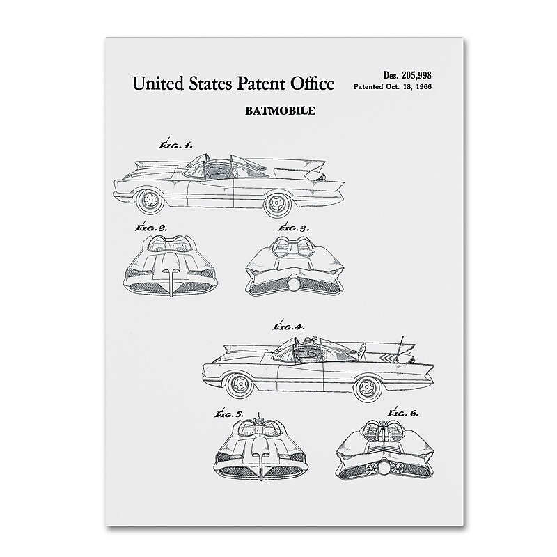 Trademark Fine Art ''Batmobile Car Patent 1966 White'' by Claire Doherty 14" x 19" Canvas Art (CDO0007-C1419GG) image 1