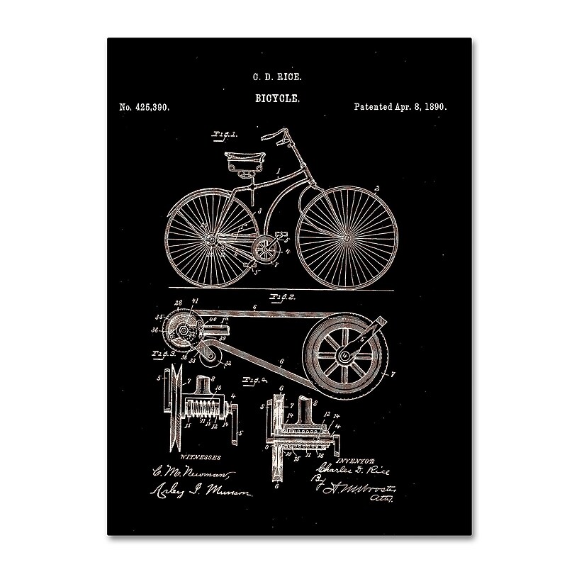 Trademark Fine Art ''Bicycle Patent 1890 Black'' by Claire Doherty 14" x 19" Canvas Art (CDO0010-C1419GG) image 1