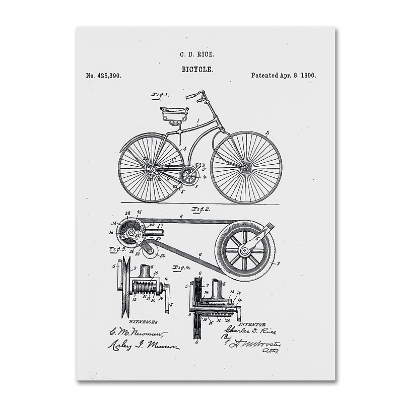 Trademark Fine Art ''Bicycle Patent 1890 White'' by Claire Doherty 18" x 24" Canvas Art (CDO0011-C1824GG) image 1