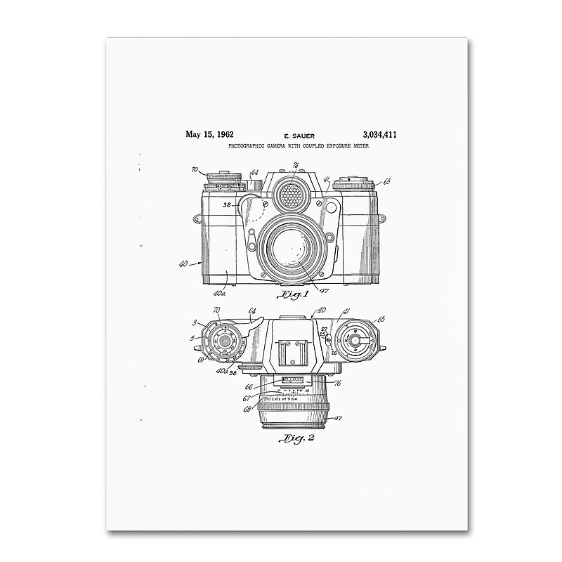 Trademark Fine Art ''Photographic Camera Patent 1962 White'' by Claire Doherty 14" x 19" Canvas Art (CDO0015-C1419GG) image 1