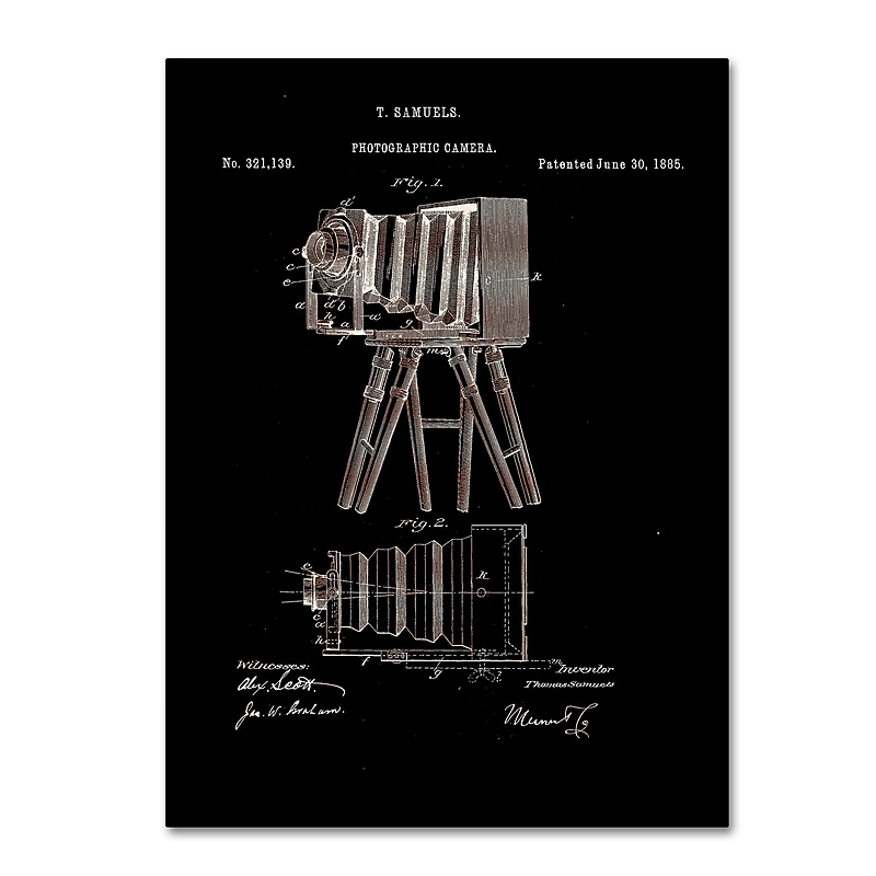 Trademark Fine Art ''Photographic Camera Patent 1885 Black'' by Claire Doherty 24" x 32" Canvas Art (CDO0016-C2432GG) image 1
