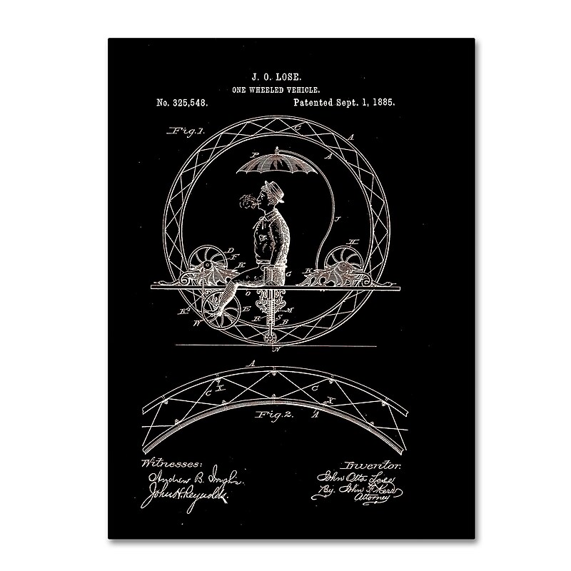 Trademark Fine Art ''One Wheeled Vehicle Patent 1885 Black'' by Claire Doherty 24" x 32" Canvas Art (CDO0031-C2432GG) image 1