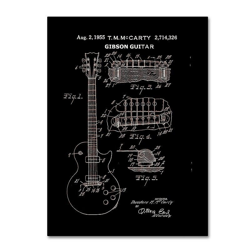 Trademark Fine Art ''1955 Mccarty Gibson Guitar Patent Black'' by Claire Doherty 24" x 32" Canvas Art (CDO0068-C2432GG) image 1