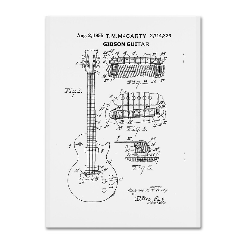Trademark Fine Art ''1955 Mccarty Gibson Guitar Patent White'' by Claire Doherty 24" x 32" Canvas Art (CDO0069-C2432GG) image 1