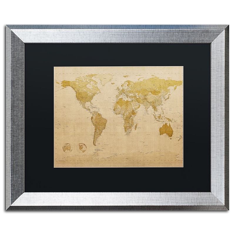 Trademark Fine Art ''Antique World Map'' by Michael Tompsett 16" x 20" Black Matted Silver Frame (MT0001-S1620BMF) image 1