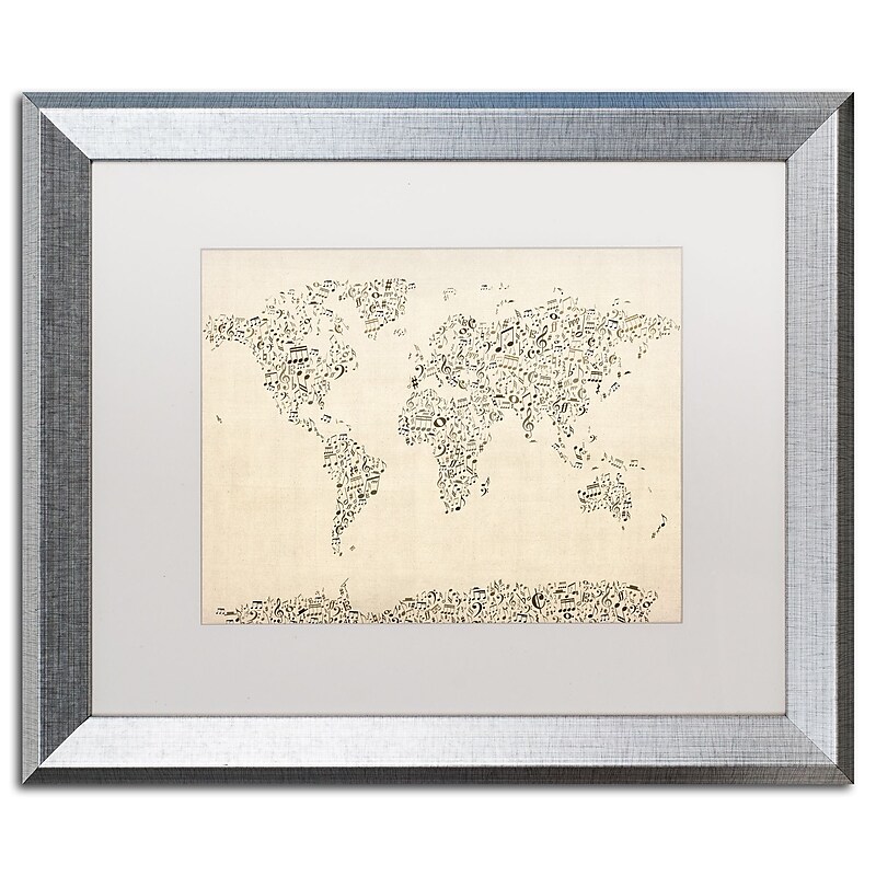 Trademark Fine Art ''Music Note World Map'' by Michael Tompsett 16" x 20" White Matted Silver Frame (MT0003-S1620MF) image 1