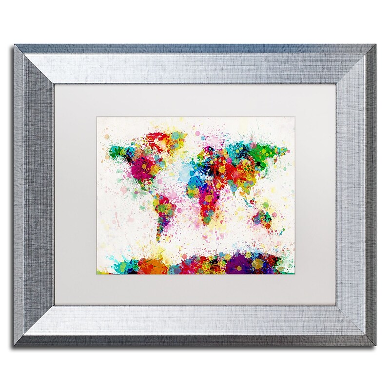 Trademark Fine Art ''Paint Splashes World Map'' by Michael Tompsett 11" x 14" White Matted Silver Frame (MT0005-S1114MF) image 1