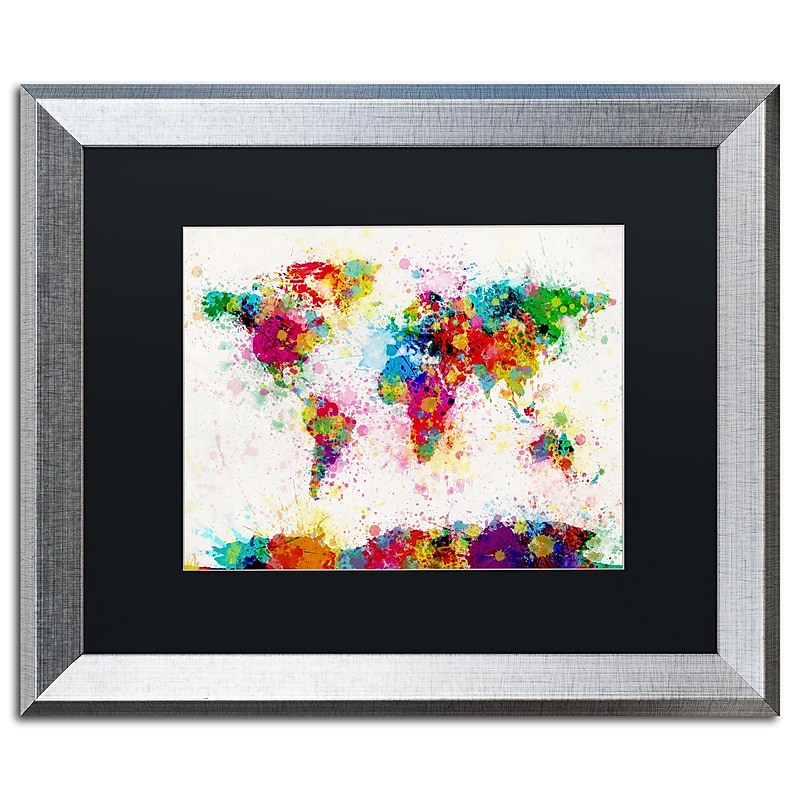 Trademark Fine Art ''Paint Splashes World Map'' by Michael Tompsett 16" x 20" Black Matted Silver Frame (MT0005-S1620BMF) image 1