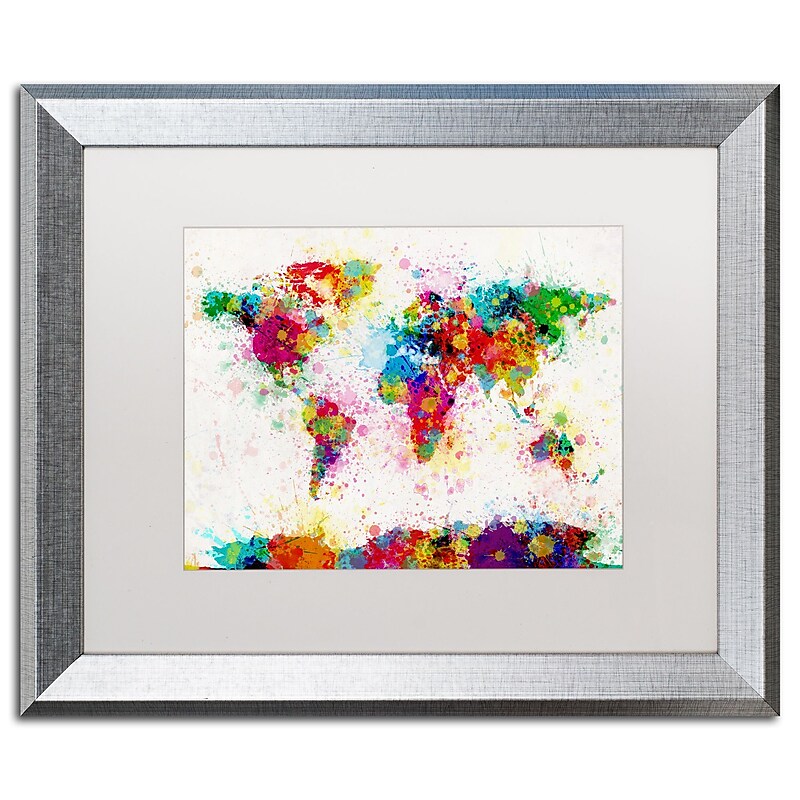 Trademark Fine Art ''Paint Splashes World Map'' by Michael Tompsett 16" x 20" White Matted Silver Frame (MT0005-S1620MF) image 1