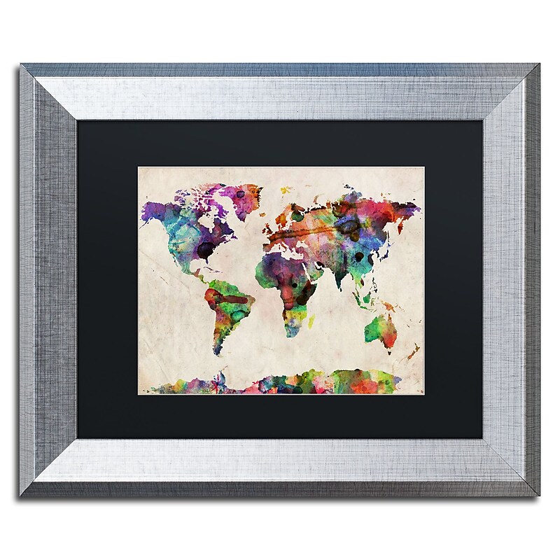 Trademark Fine Art ''Urban Watercolor World Map'' by Michael Tompsett 11" x 14" Black Matted Silver Frame (MT0013-S1114BMF) image 1