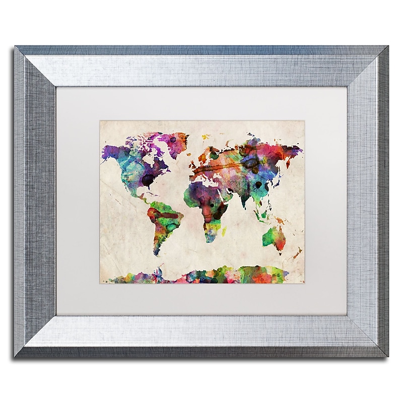 Trademark Fine Art ''Urban Watercolor World Map'' by Michael Tompsett 11" x 14" White Matted Silver Frame (MT0013-S1114MF) image 1