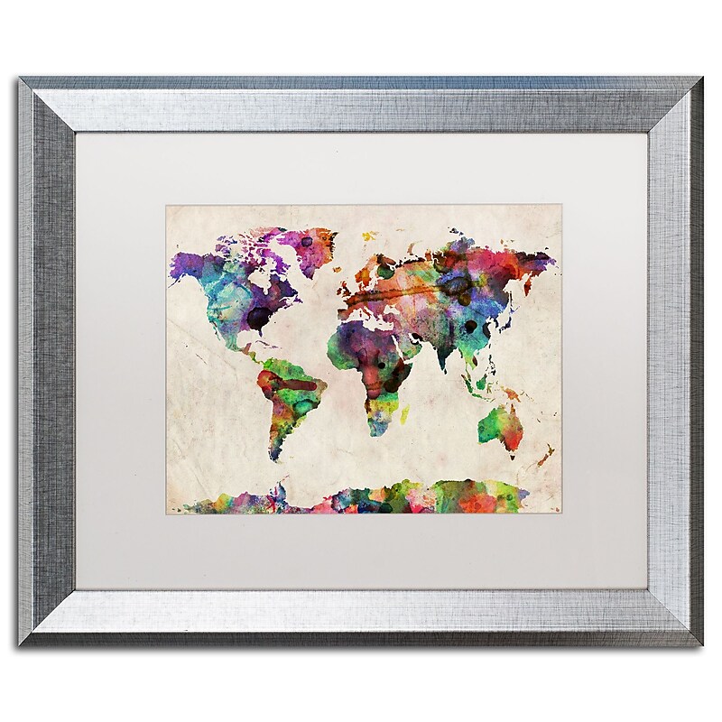 Trademark Fine Art ''Urban Watercolor World Map'' by Michael Tompsett 16" x 20" White Matted Silver Frame (MT0013-S1620MF) image 1
